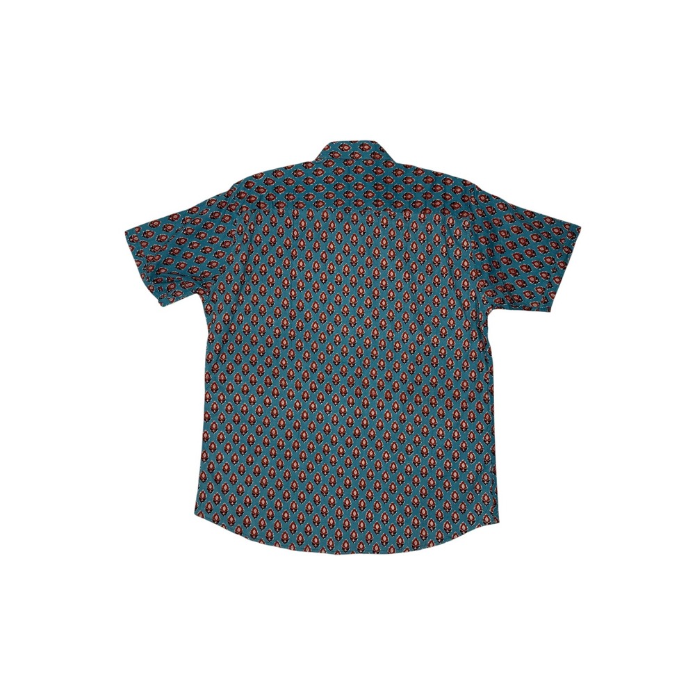 Mens Teal Blue Floral Block Print Short Sleeve Button Down Shirt Boho - Picture 3 of 7